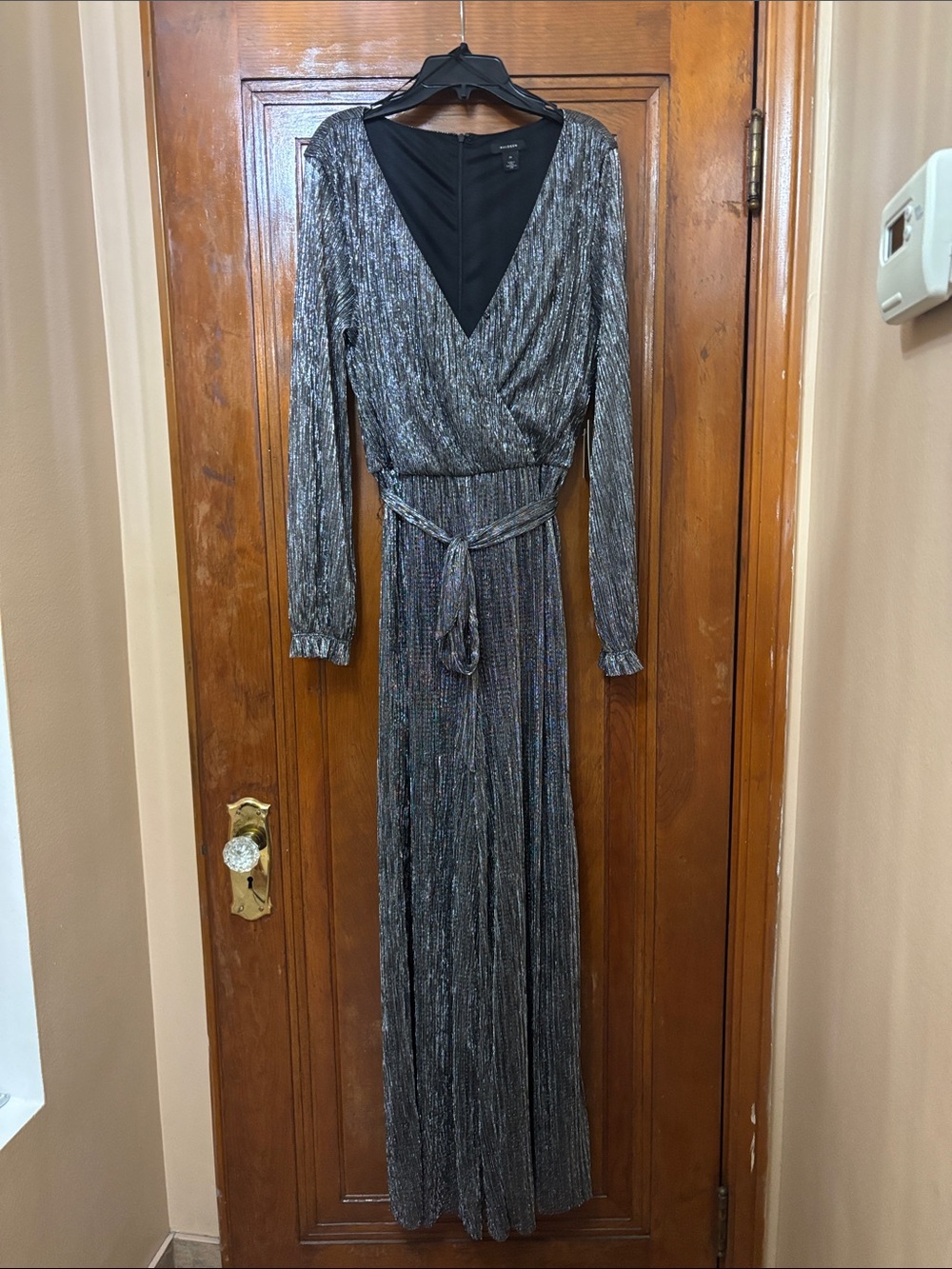 Halogen Silver Metallic Long Sleeve Wrap Maxi jumpsuit